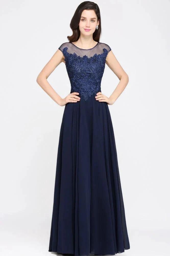 Navy Blue A-line Scoop Appliques Chiffon Prom Dress by misshow.com