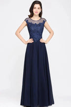 Navy Blue A-line Scoop Appliques Chiffon Prom Dress by misshow.com