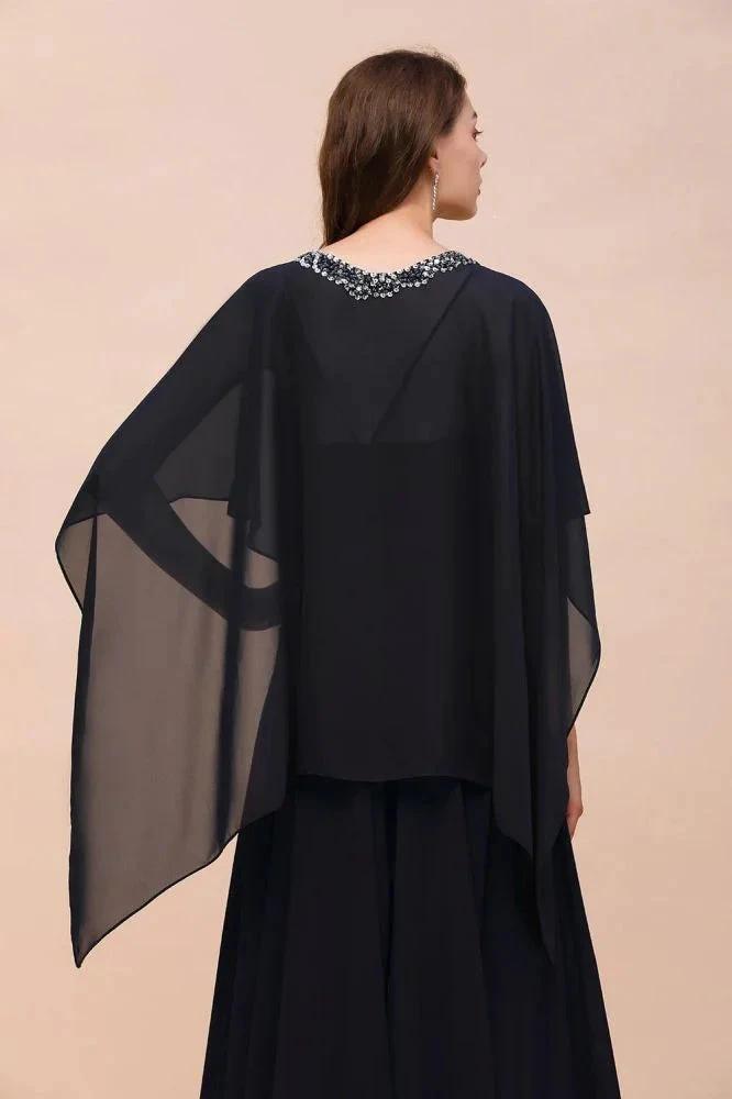 Navy Blue Bridesmaid Dress with Beading Wraps Floor Length Chiffon Maid of Honor Dress by misshow.com