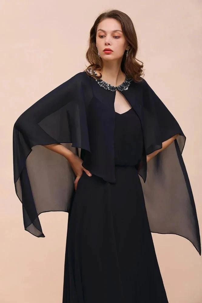 Navy Blue Bridesmaid Dress with Beading Wraps Floor Length Chiffon Maid of Honor Dress by misshow.com