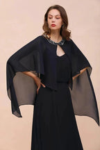 Navy Blue Bridesmaid Dress with Beading Wraps Floor Length Chiffon Maid of Honor Dress by misshow.com