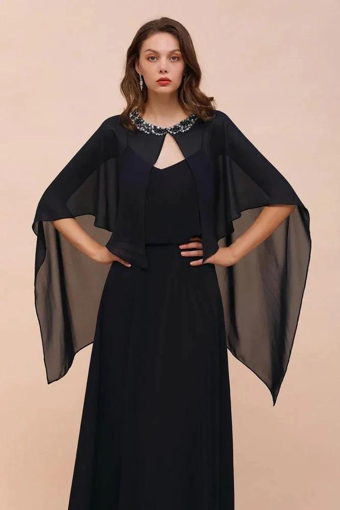 Navy Blue Bridesmaid Dress with Beading Wraps Floor Length Chiffon Maid of Honor Dress by misshow.com