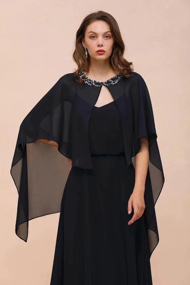 Navy Blue Bridesmaid Dress with Beading Wraps Floor Length Chiffon Maid of Honor Dress by misshow.com
