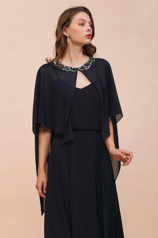 Marineblaues Brautjungfernkleid mit Perlenbesatz, bodenlanges Chiffonkleid für die Trauzeugin