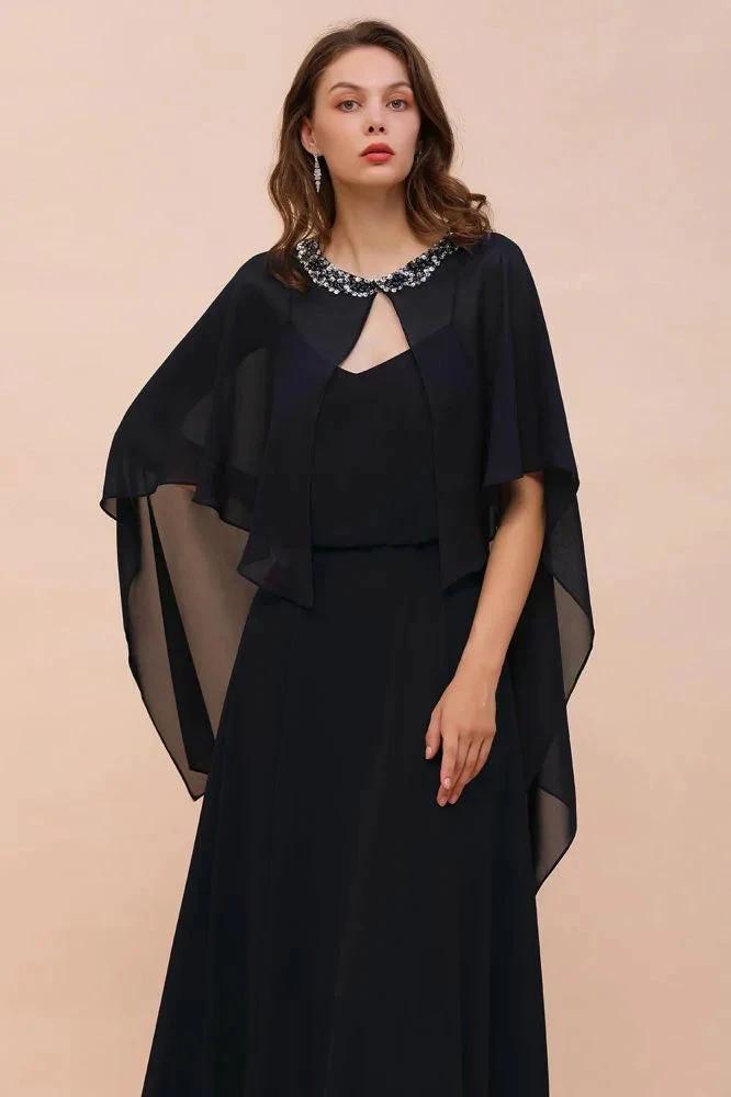 Navy Blue Bridesmaid Dress with Beading Wraps Floor Length Chiffon Maid of Honor Dress by misshow.com