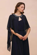 Navy Blue Bridesmaid Dress with Beading Wraps Floor Length Chiffon Maid of Honor Dress by misshow.com