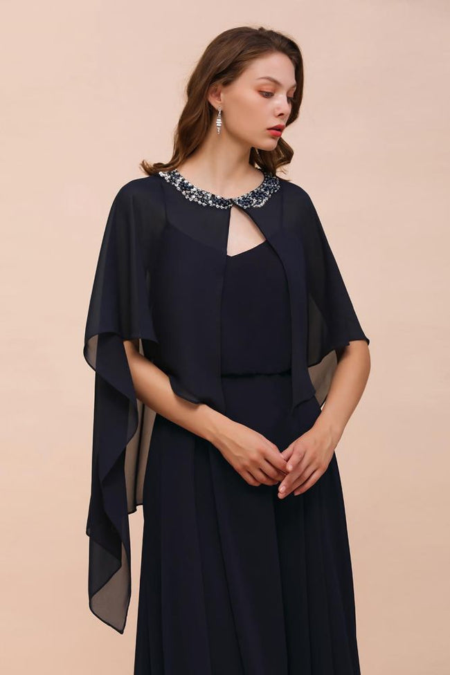 Navy Blue Bridesmaid Dress with Beading Wraps Floor Length Chiffon Maid of Honor Dress Hover Image