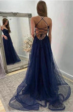 Navy Blue Halter Front Slit Spaghetti Straps A-Line Tulle Prom Dress by misshow.com