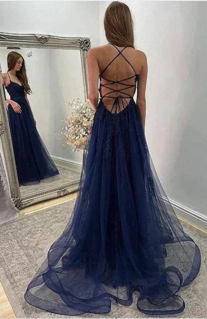 Navy Blue Halter Front Slit Spaghetti Straps A-Line Tulle Prom Dress by misshow.com