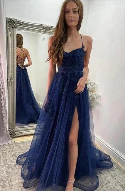Navy Blue Halter Front Slit Spaghetti Straps A-Line Tulle Prom Dress by misshow.com