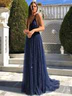 Navy Blue Long A-line V Neck Backless Sparkly Open Back Formal Evening Prom Dresses by BIZTUNNEL
