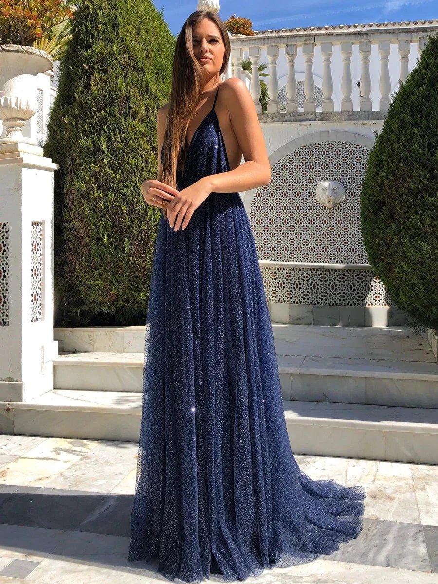 Navy Blue Long A-line V Neck Backless Sparkly Open Back Formal Evening Prom Dresses by BIZTUNNEL