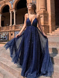 Navy Blue Long A-line V Neck Backless Sparkly Open Back Formal Evening Prom Dresses by BIZTUNNEL