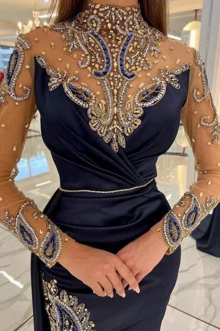 Navy Blue Long Glitter Evening Dresses Prom Dresses With Sleeves by misshow.com