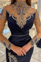 Navy Blue Long Glitter Evening Dresses Prom Dresses With Sleeves by misshow.com
