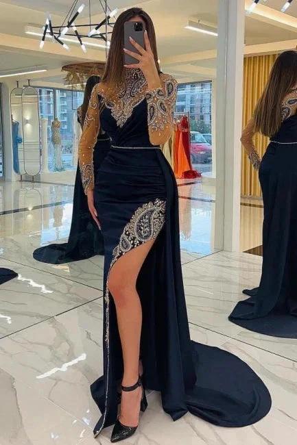 Navy Blue Long Glitter Evening Dresses Prom Dresses With Sleeves by misshow.com