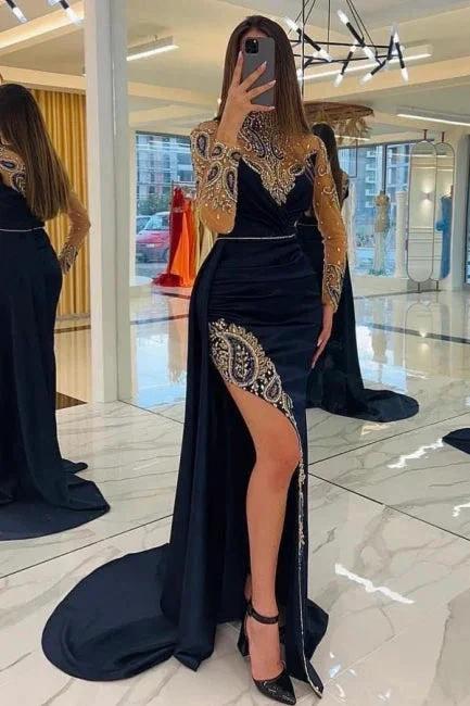Navy Blue Long Glitter Evening Dresses Prom Dresses With Sleeves by misshow.com