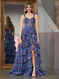 Grey Blue Princess A Line Off the Shoulder Corset Prom Dress with Lace Ruffles by KissProm