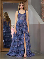 Grey Blue Princess A Line Off the Shoulder Corset Prom Dress with Lace Ruffles by KissProm