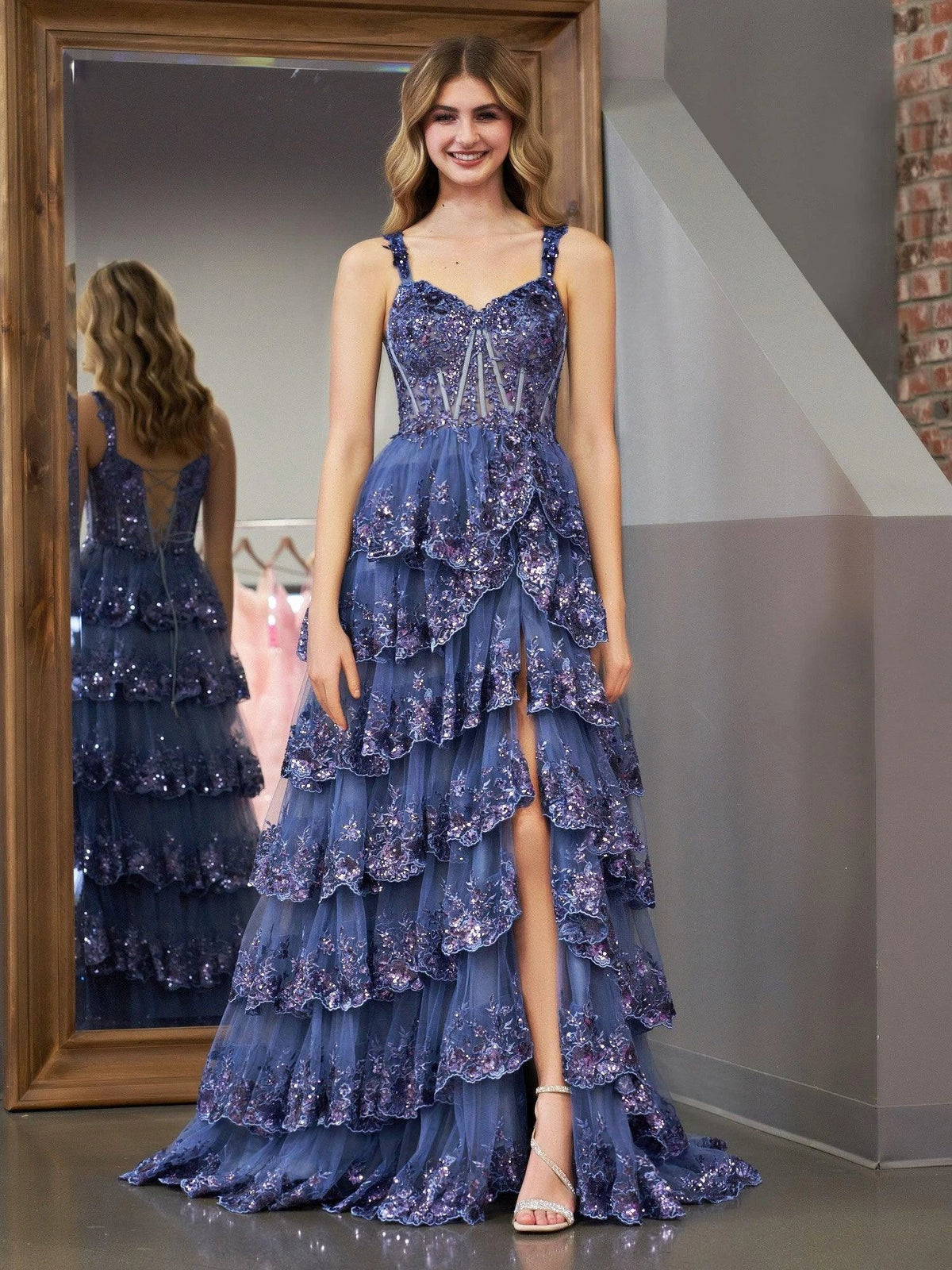 Grey Blue Princess A Line Off the Shoulder Corset Prom Dress with Lace Ruffles by KissProm
