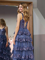 Grey Blue Princess A Line Off the Shoulder Corset Prom Dress with Lace Ruffles by KissProm