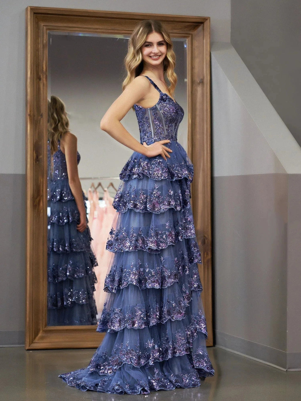 Grey Blue Princess A Line Off the Shoulder Corset Prom Dress with Lace Ruffles by KissProm