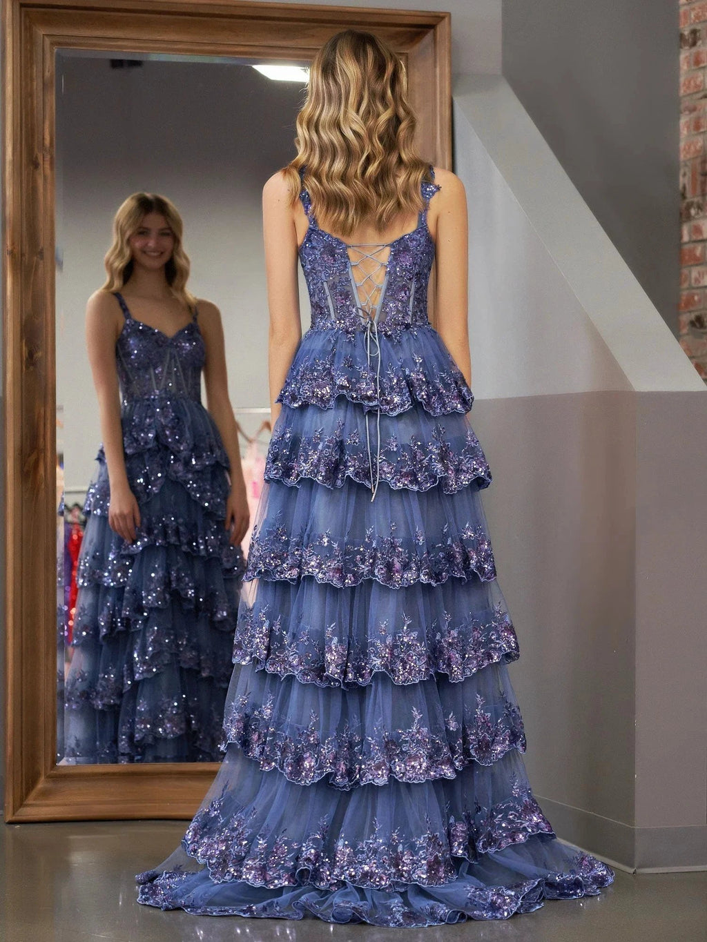 Grey Blue Princess A Line Off the Shoulder Corset Prom Dress with Lace Ruffles by KissProm