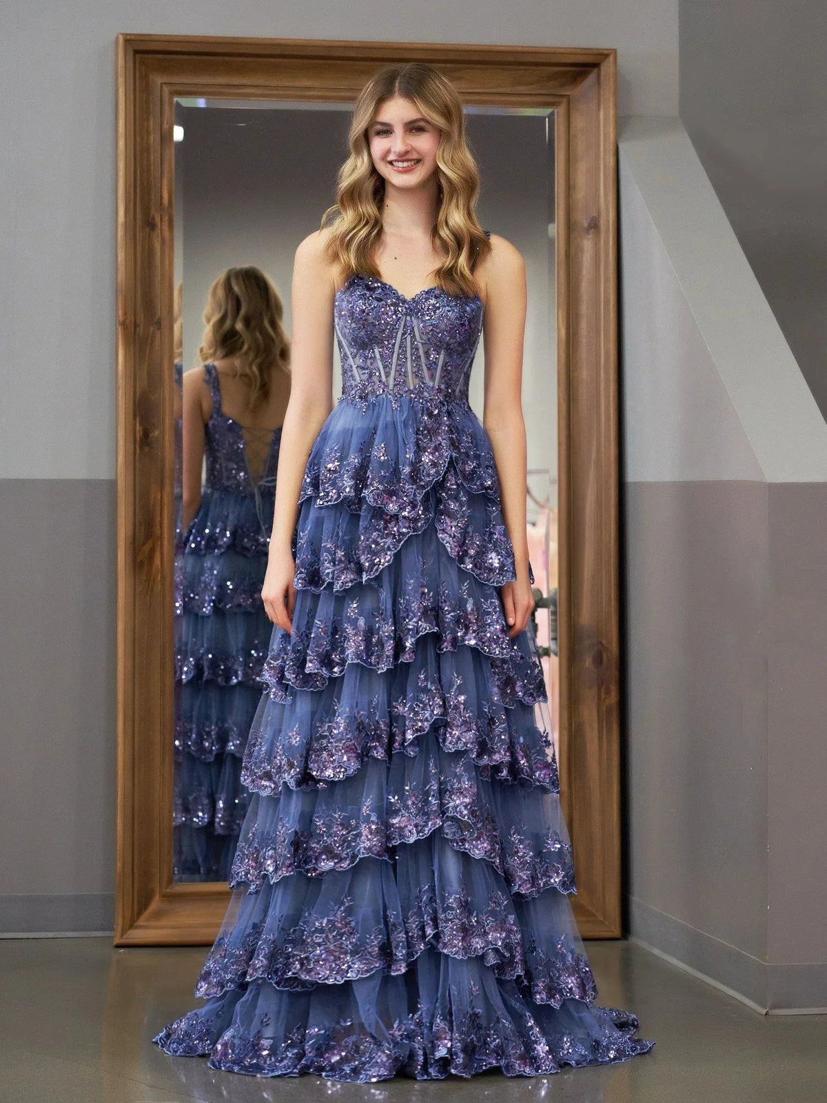 Grey Blue Princess A Line Off the Shoulder Corset Prom Dress with Lace Ruffles by KissProm