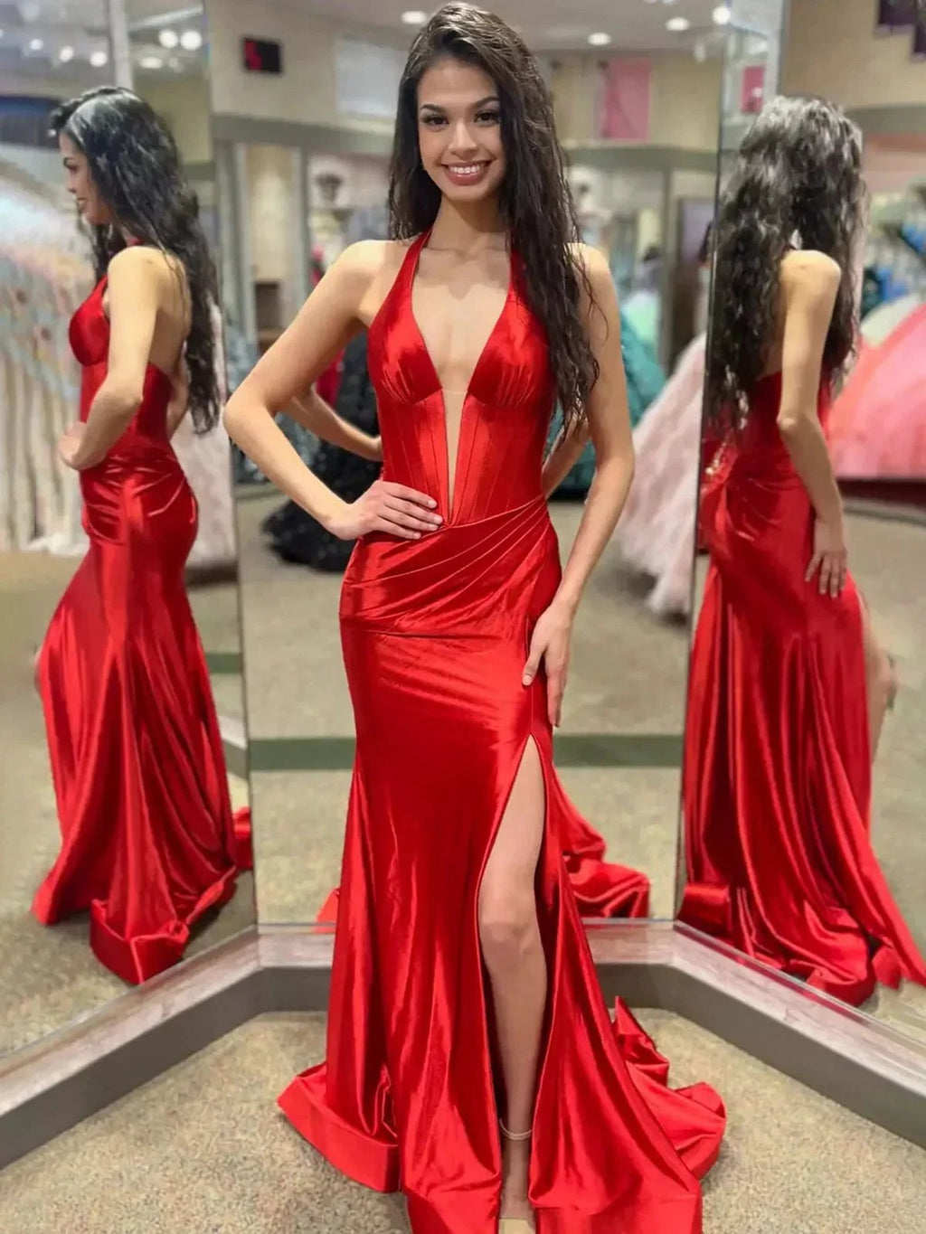 Josie | Navy Halter Corset Mermaid Plunging Deep V-neck Ruched Long Formal Dress with Slit by KissProm