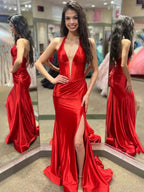 Josie | Navy Halter Corset Mermaid Plunging Deep V-neck Ruched Long Formal Dress with Slit by KissProm