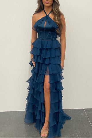 Vestido de fiesta con escote halter, escote en forma de cerradura, volantes y abertura