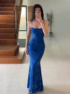 Naylea | Royal Blue Spaghetti Straps Satin Mermaid Long Prom Dress by KissProm