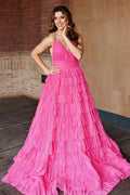 Nebula | Pleated Fuchsia Straps Ruffle Layered Formal Dress by KissProm