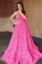 Nebula | Pleated Fuchsia Straps Ruffle Layered Formal Dress by KissProm