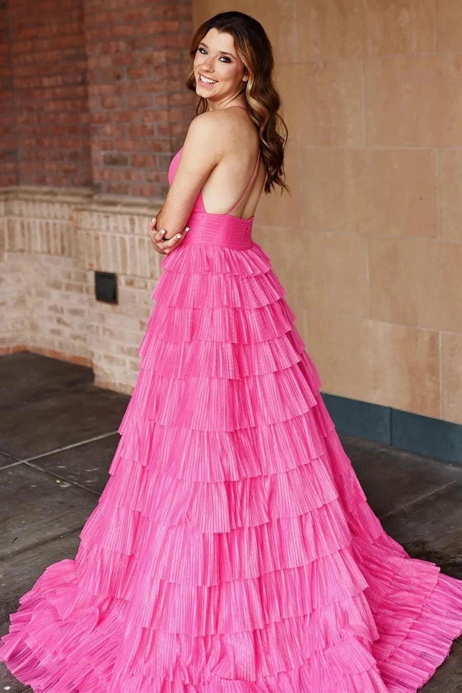 Nebula | Pleated Fuchsia Straps Ruffle Layered Formal Dress by KissProm