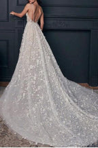Nectarean V-Neck Sleeveless A-Line Floor-Length Lace Wedding Dresses with Chapel Train by misshow.com