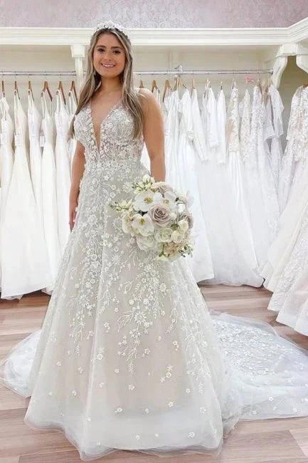 Nectarean V-Neck Sleeveless A-Line Floor-Length Lace Wedding Dresses with Chapel Train by misshow.com