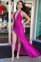Nerute | Fuchsia Lace Applique Satin High Slit Mermaid Prom Dress by KissProm