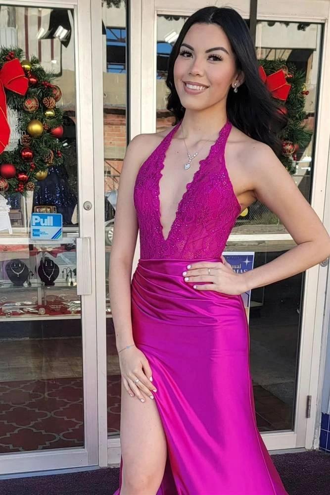 Nerute | Fuchsia Lace Applique Satin High Slit Mermaid Prom Dress by KissProm