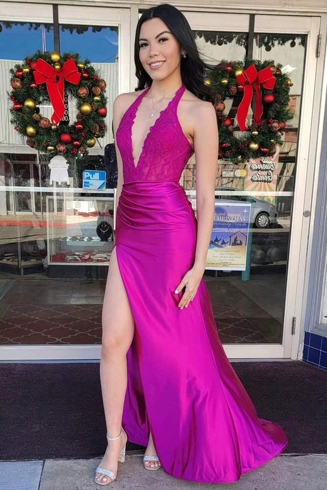 Nerute | Fuchsia Lace Applique Satin High Slit Mermaid Prom Dress by KissProm
