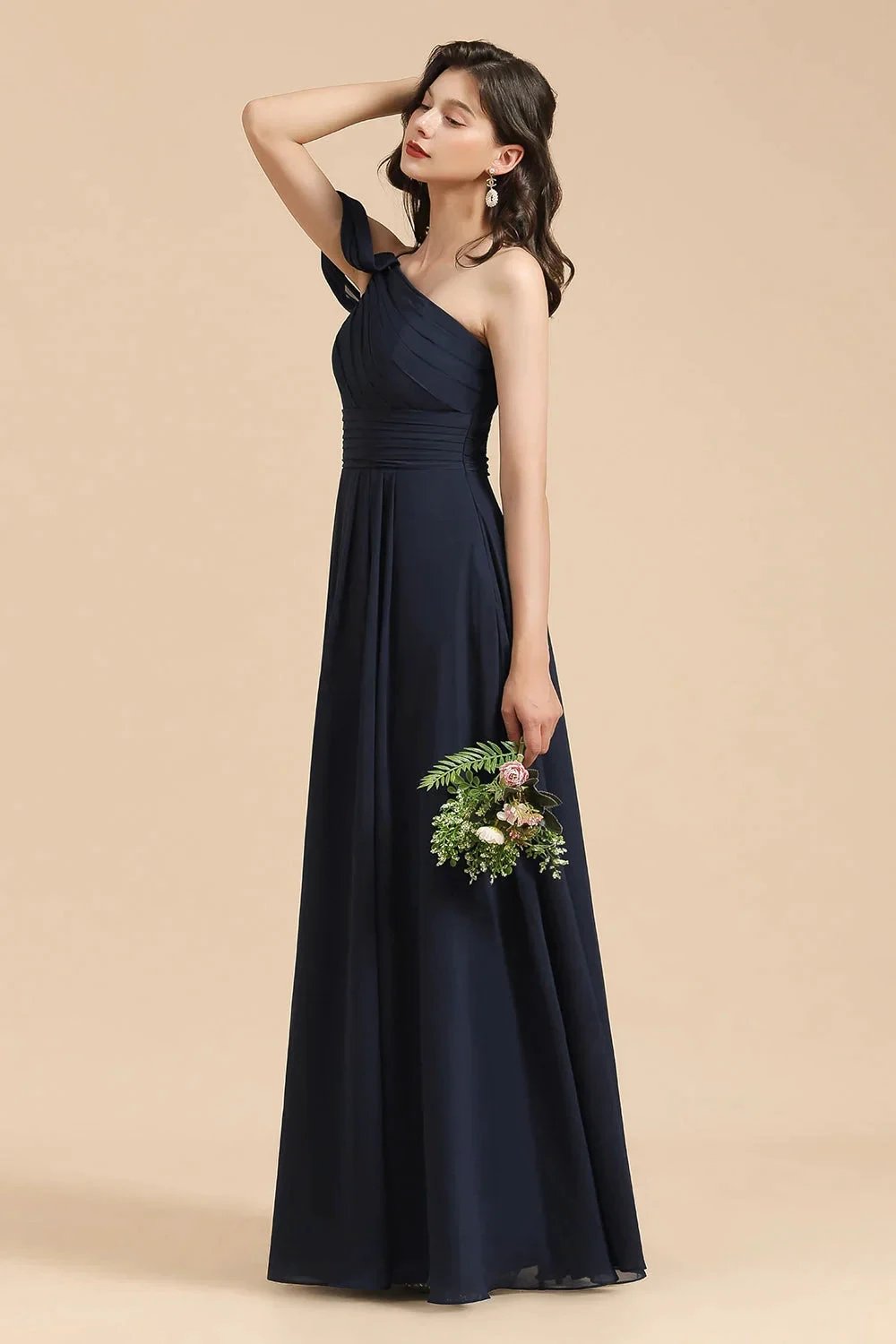New Arrival Black One Shoulder A-line Long Bridesmaid Dress by misshow.com