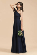 New Arrival Black One Shoulder A-line Long Bridesmaid Dress by misshow.com