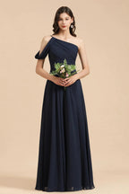 New Arrival Black One Shoulder A-line Long Bridesmaid Dress by misshow.com