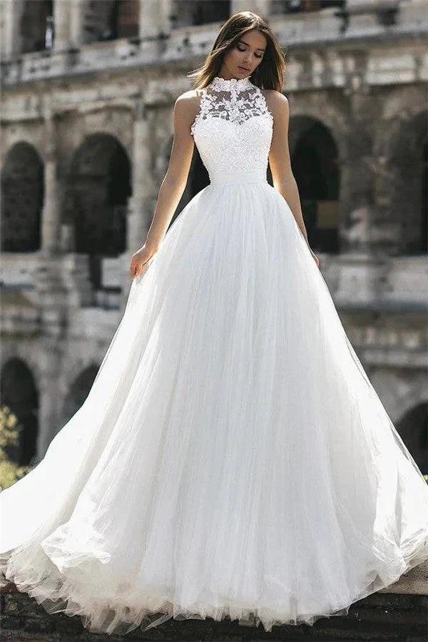 New Arrival High Neck Sleeveless Appliques Wedding Dress by misshow.com