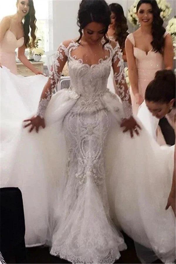 New Arrival Long Sleeves Sheath Wedding Dress s Bridal Wears with Detachable Train by misshow.com
