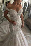New Arrival Off-the-Shoulder Sweetheart Pearl Mermaid Chapel Train Wedding Dress by misshow.com