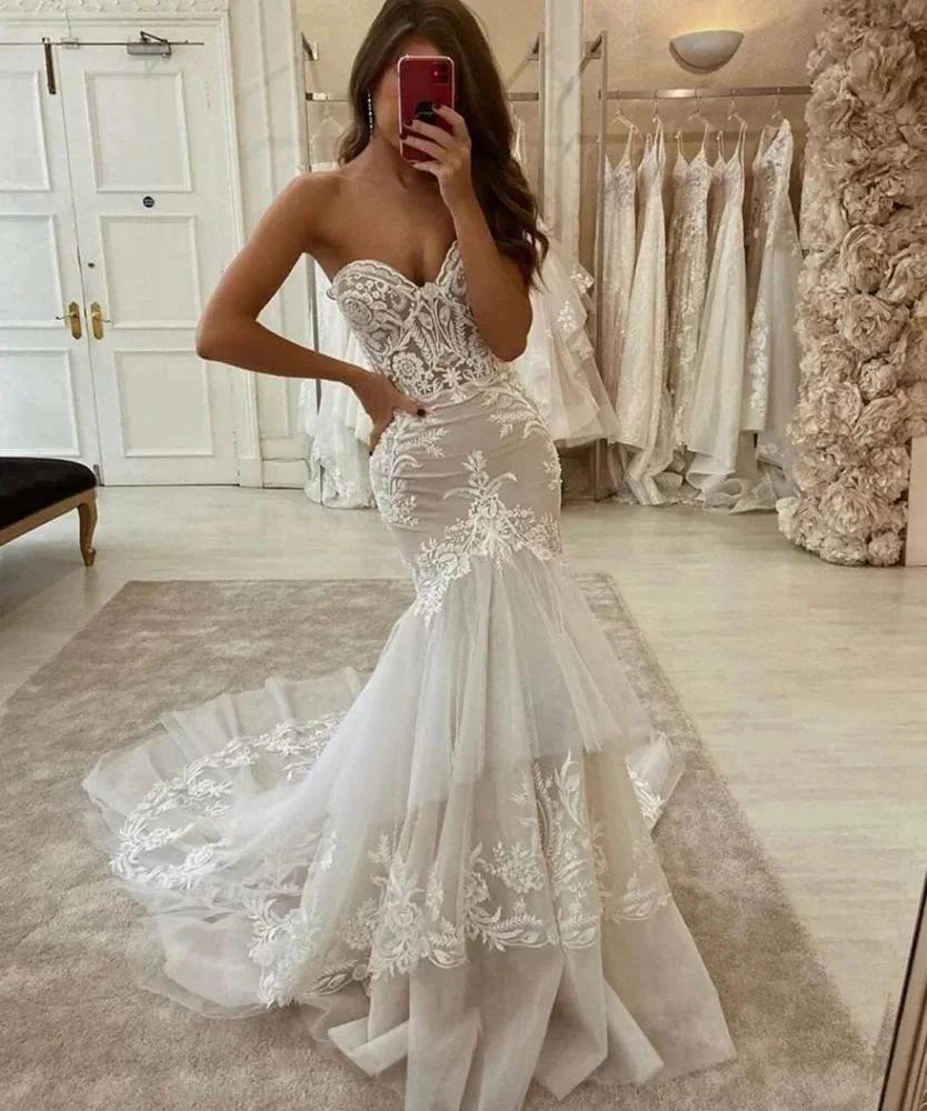 New Arrival Sweetheart Tulle Lace Mermaid Wedding Dress Two layer Trailing by misshow.com