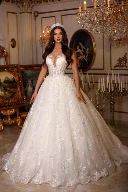 New Elegant Long A-line V-neck Sleeveless Wedding Dresses With Lace by misshow.com