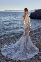 New Long Mermaid Lace Wedding Dresses With Long Sleeves by misshow.com
