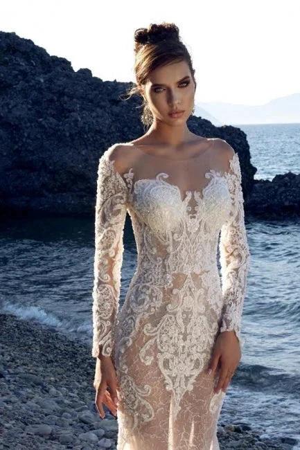 New Long Mermaid Lace Wedding Dresses With Long Sleeves by misshow.com